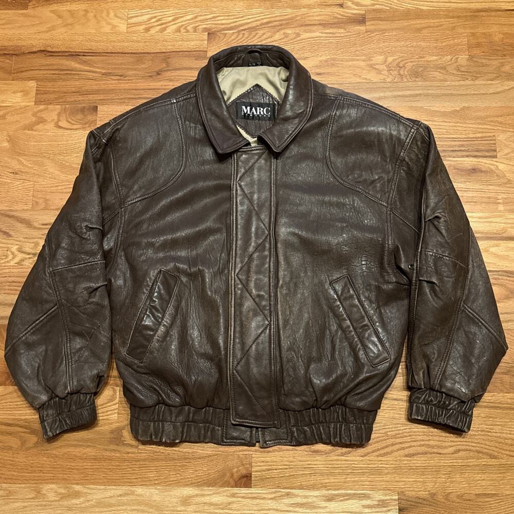 Vintage 80s 90s Marc New York Leather Bomber Jacket Brown Mens XL Distressed